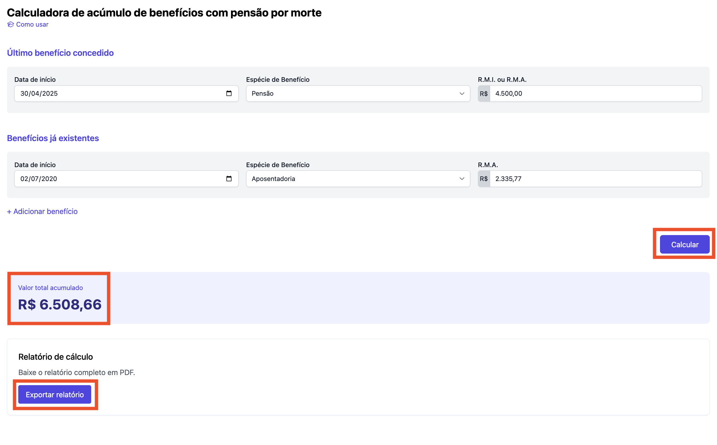 Tela da Calculadora de Acúmulo de Benefícios do OTTO