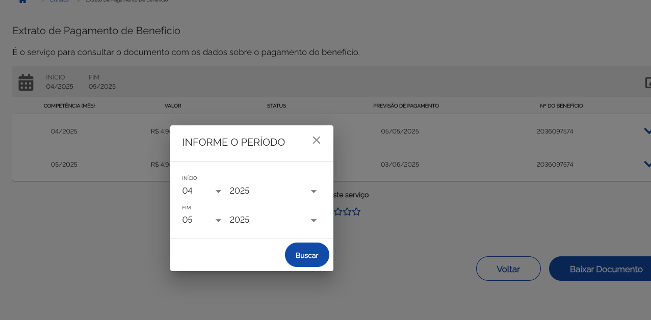 Modal informar período