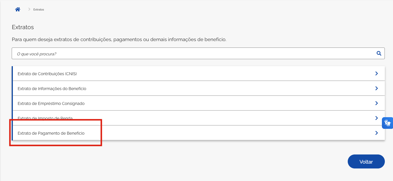 Menu de extratos no site meu INSS
