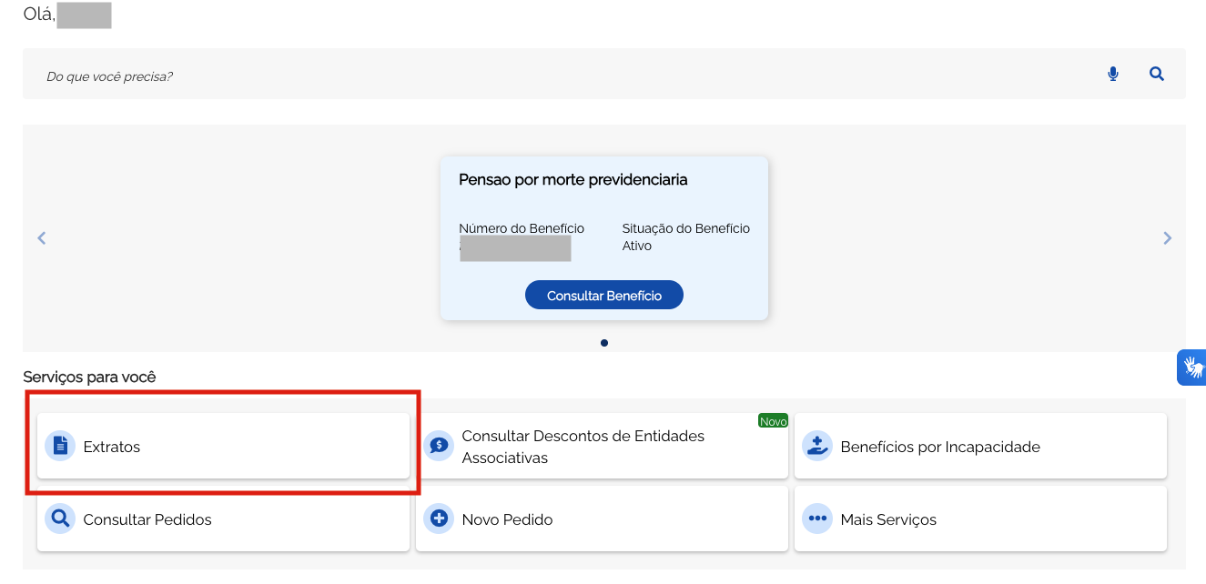Menu inicial site INSS