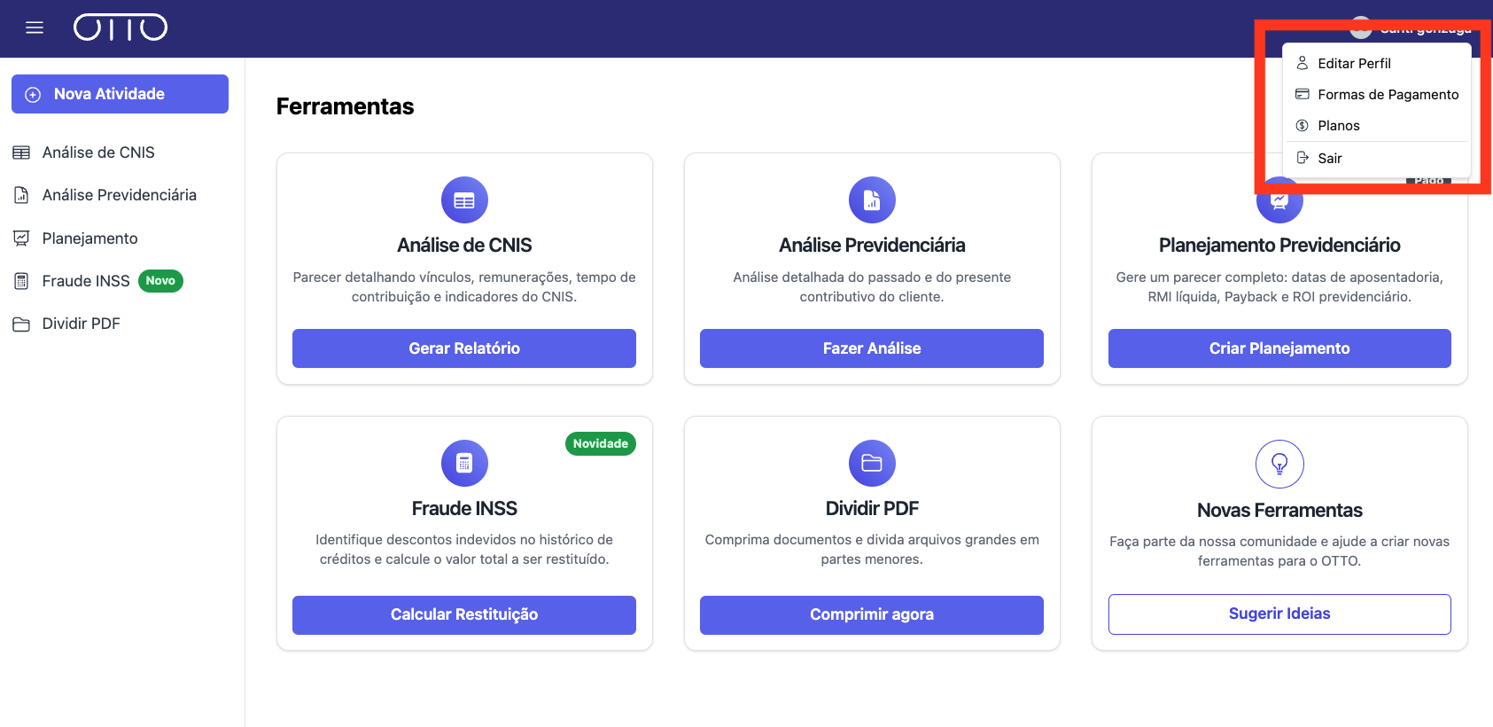 Menu do perfil no OTTO
